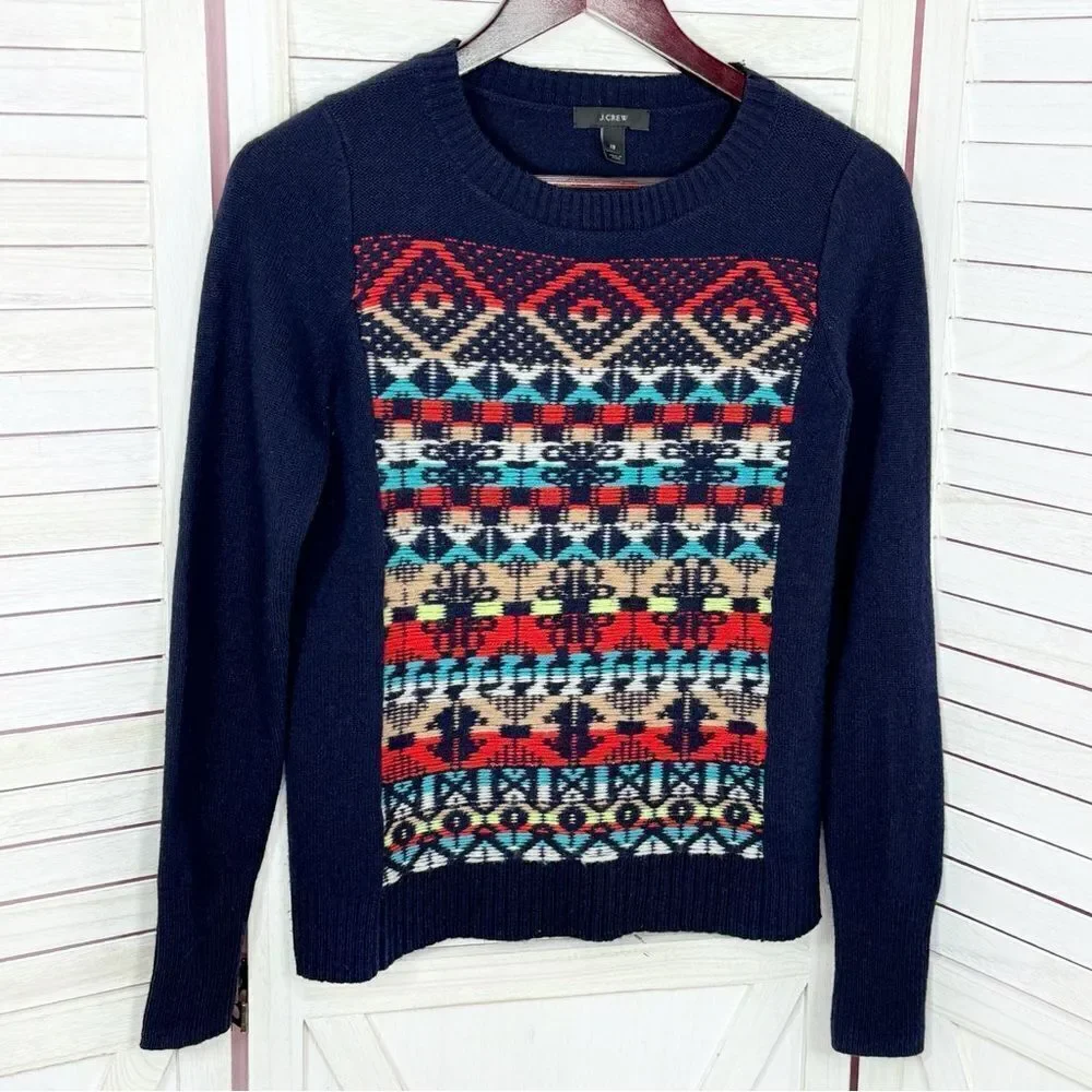 J. Crew Aztec Fair‎ Isle Jacquard Stich Wool Sweater Blue XS Crewneck Pullover